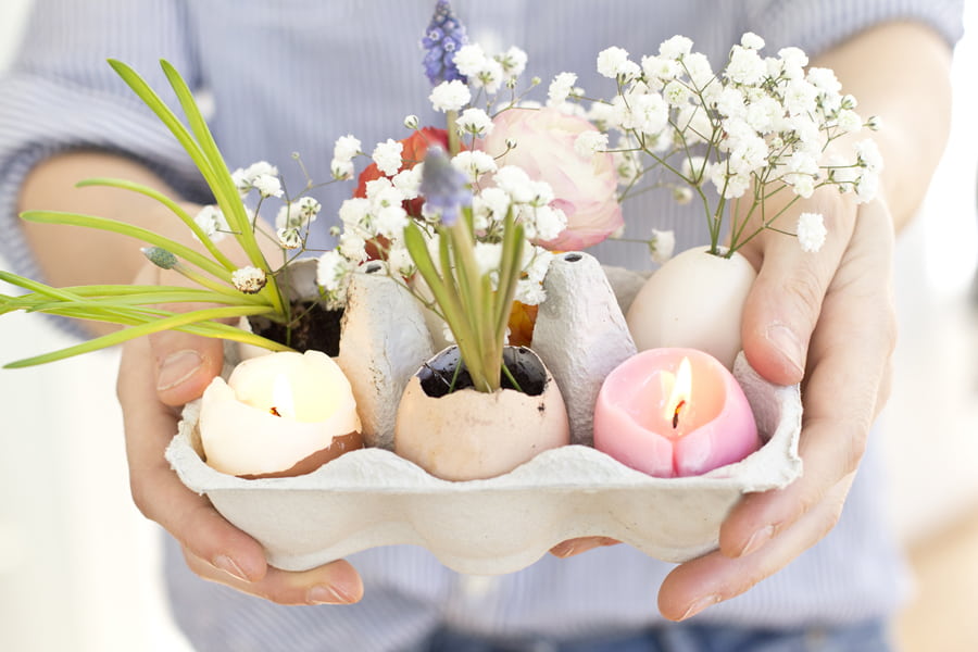Сделайте оригинальный подарок для своей второй половины, создав красивую цветочную композицию из скорлупы яиц