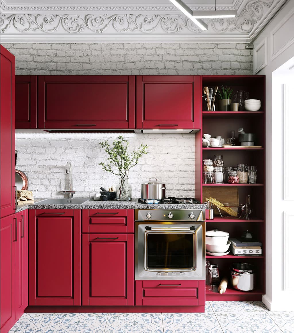 Тандем красного с белым способен задать настроение и преобразить небольшое кухонное пространство