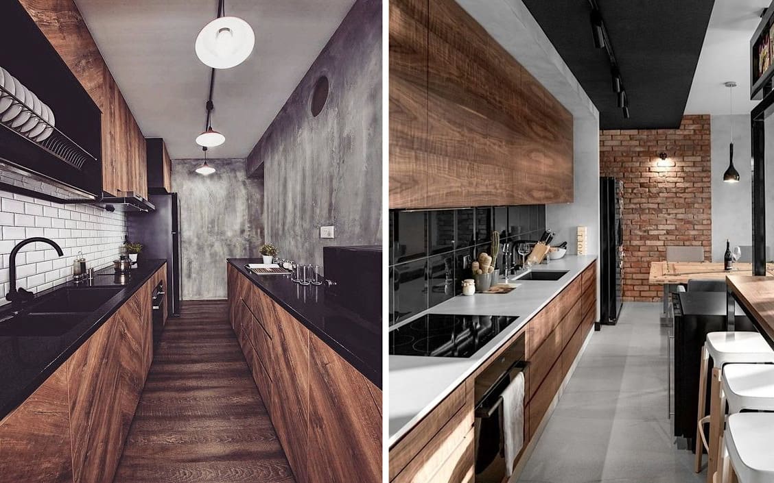 Брутальный дизайн узкой кухни в стиле лофт - идеально подойдет для оформления мужского интерьера