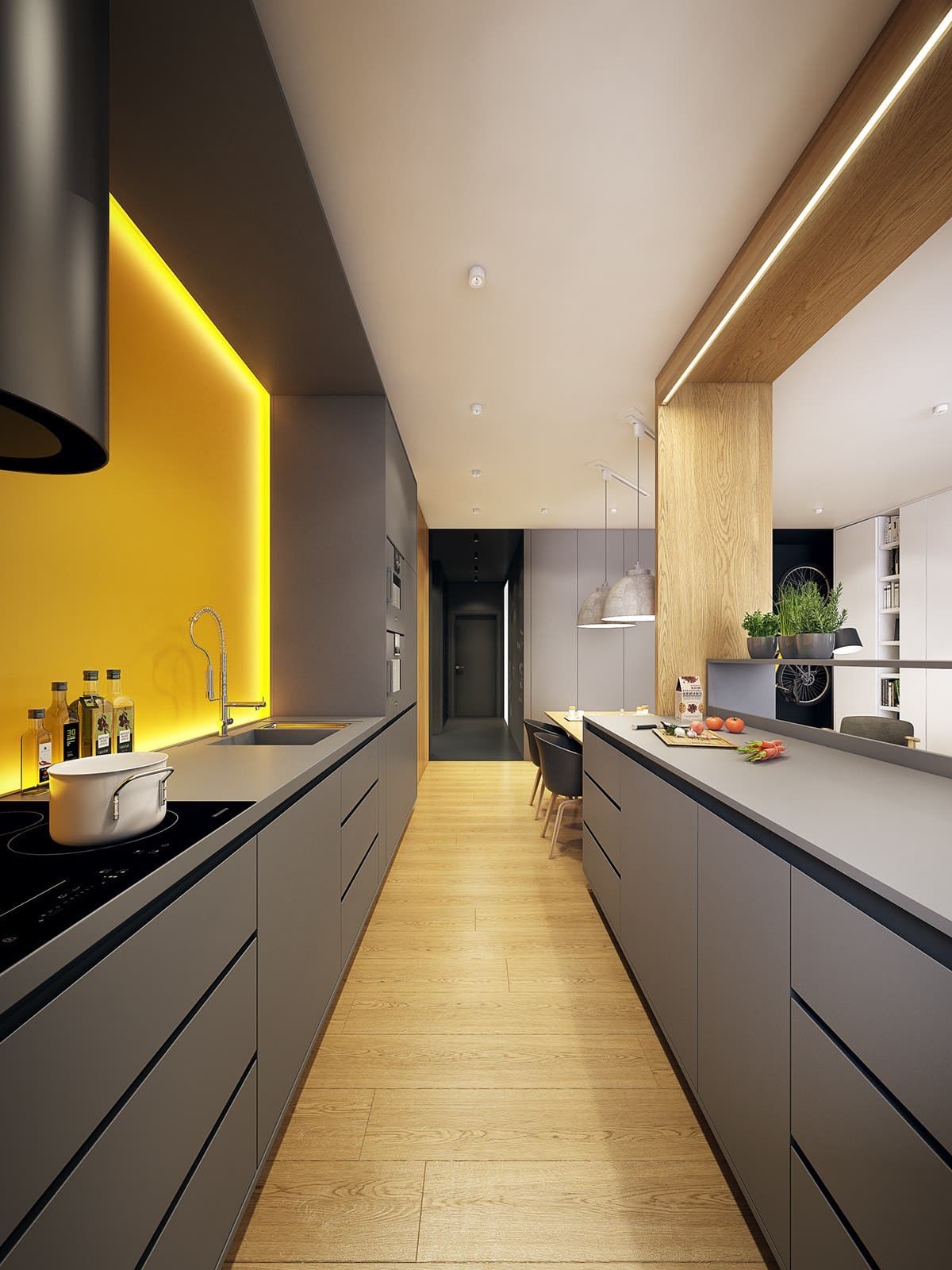 Современный дизайн узкой кухни в нежных желто-серых оттенках