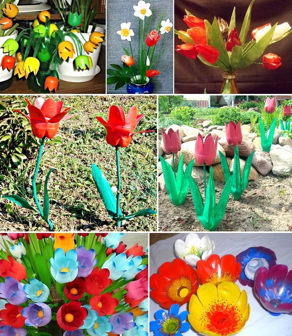 Не менее эффектно смотрятся и разноцветные тюльпаны, изготовленные из тех же бутылок ПВХ