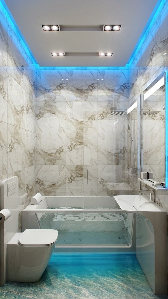 Неоновая подсветка, навеивающая стиль морской тематики, станет отличным дополнением в интерьера ванной комнаты