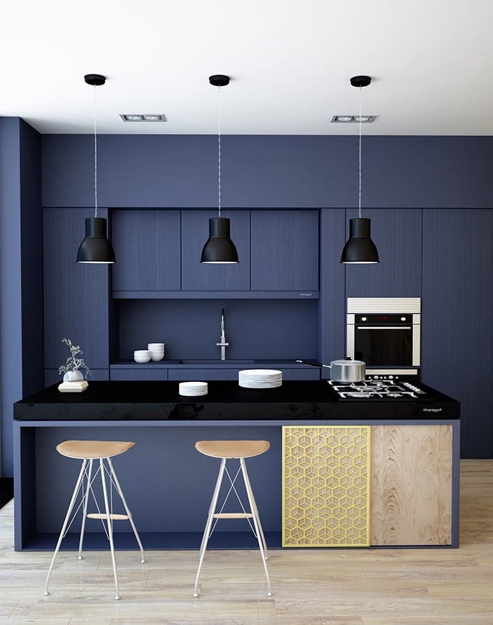 Синий цвет никогда не выходит из моды, используйте его при оформлении интерьера если хотите всегда иметь стильную и красивую кухню