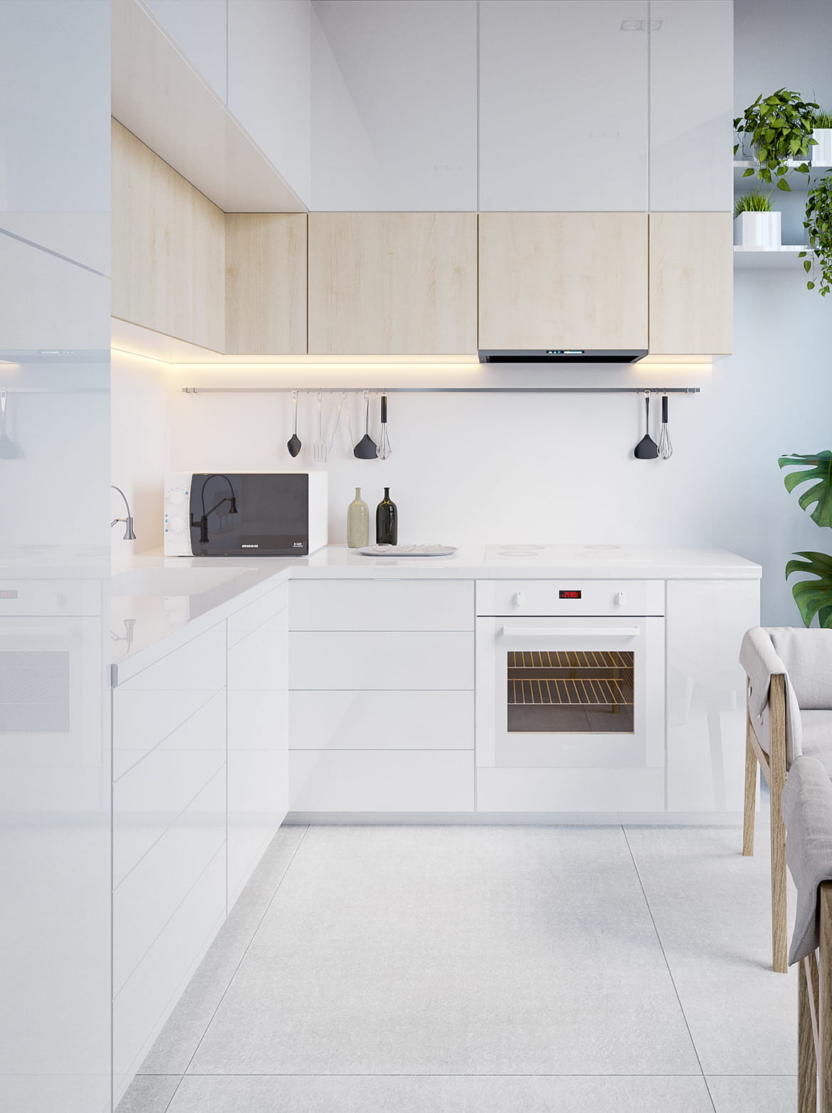 Выразительный интерьер белой кухни с хорошо сбалансированным LED освещением рабочей зоны
